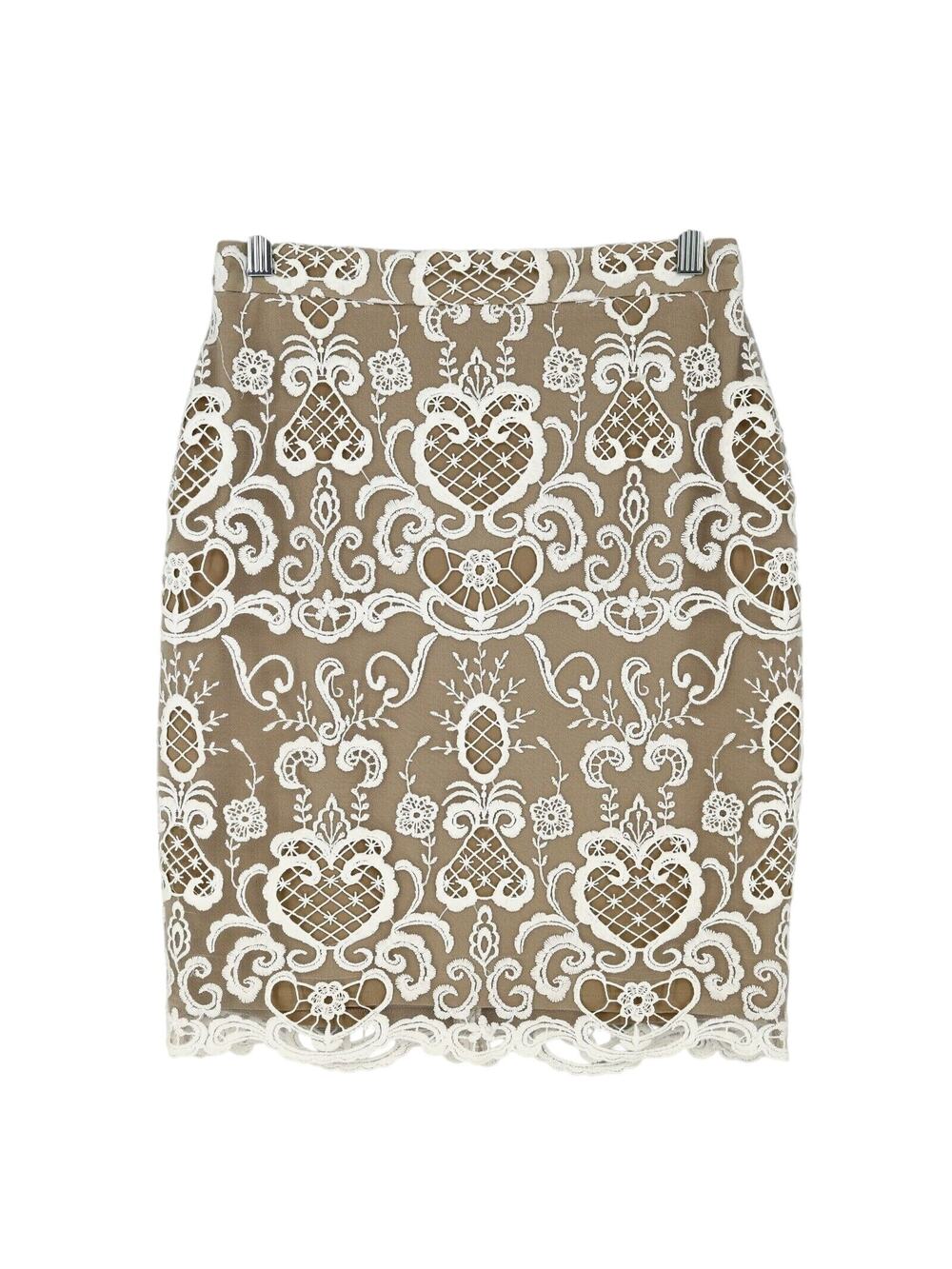 Belle Badgley Mischka Skirt Womens 2 White Lace Beige Lining Pencil Formal Party